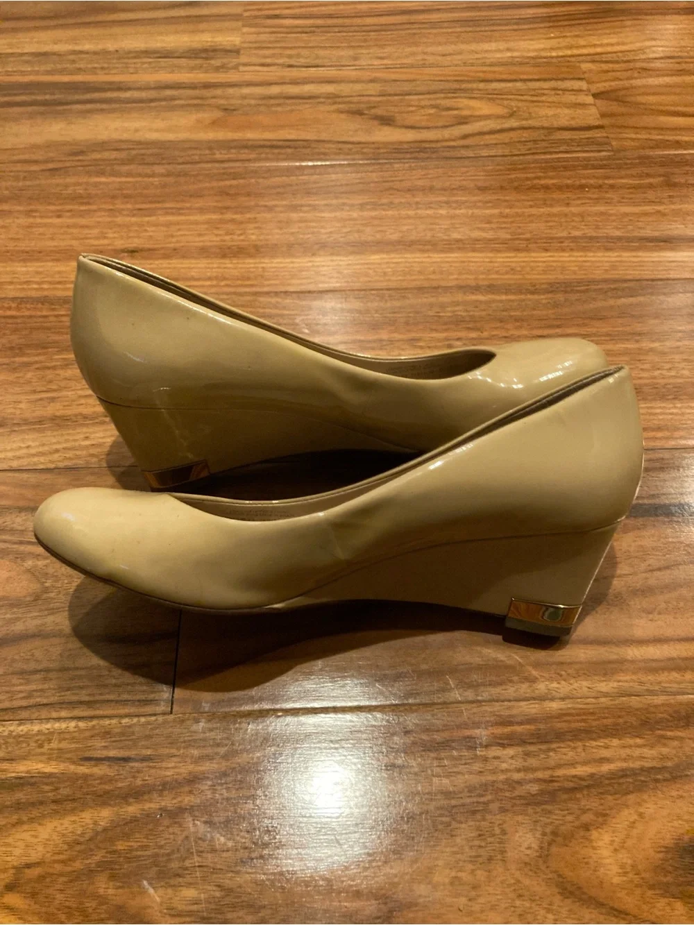 Beige Patent Wedge Pumps - Women